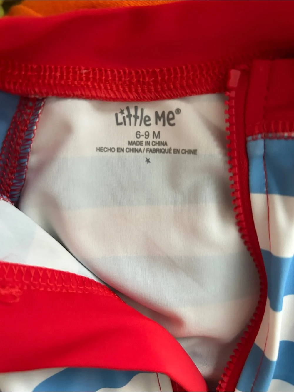NWT Little Me Blue & White Striped Kids Long-Sleeve Swim Suit with Red Trim